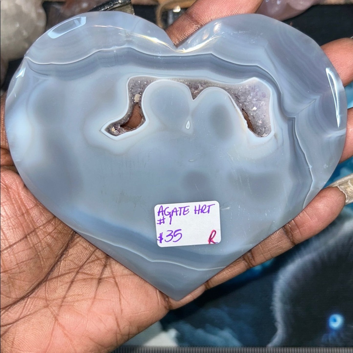 Blue Agate Heart with sugar Amethyst