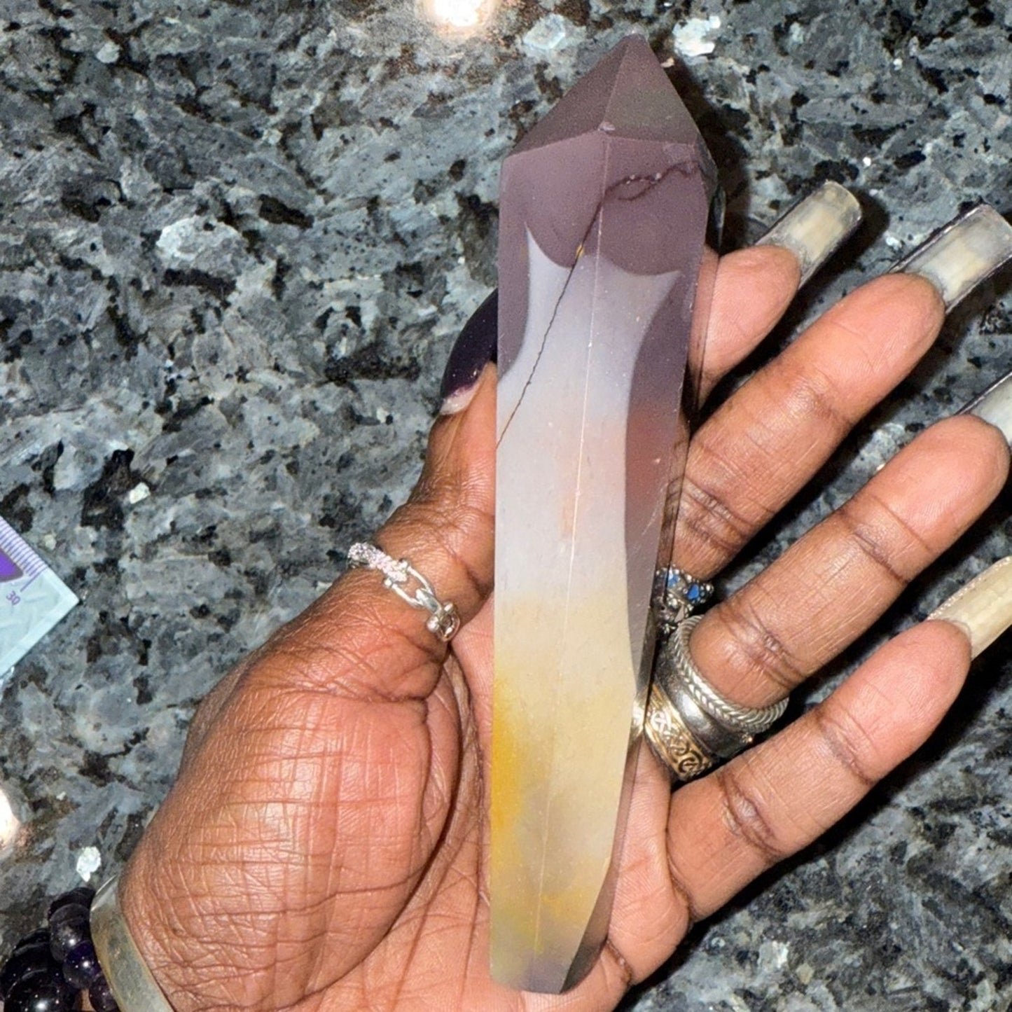 Mookaite Purple and Yellow Crystal Point with Gold Stand