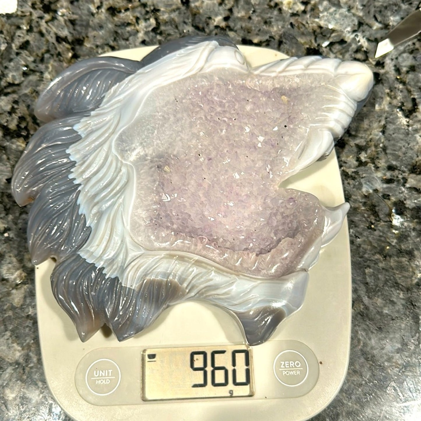 Blue Lace Agate and Amethyst Sugar Wolf Carving - BAAMYWLFCRV-001