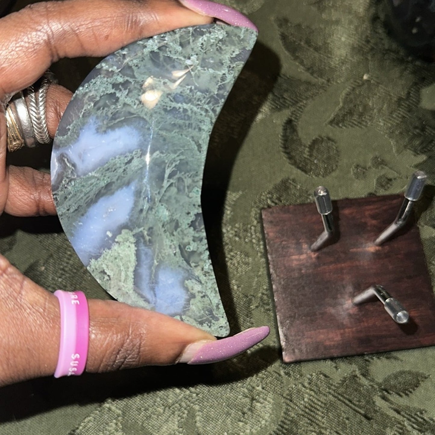 Moss Agate Blue & Green Crescent Moon- MAMOON - 001