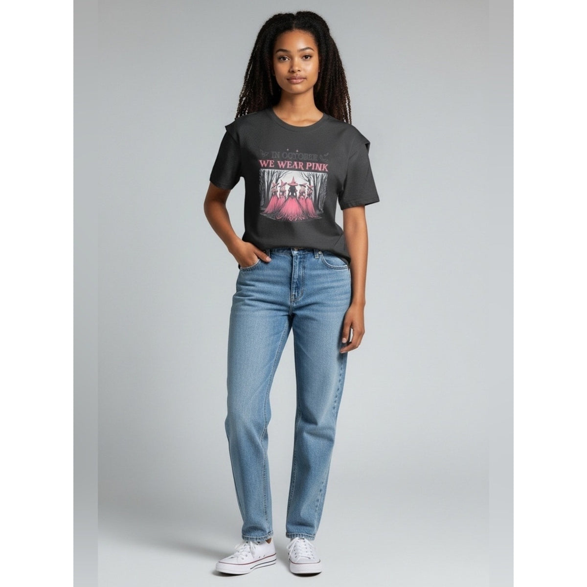 “In October We Wear Pink” Graphic Tee - Pink on Black - PRICE FOR 1 SHIRT