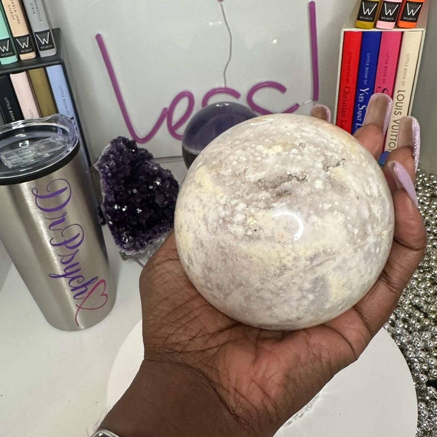 Pink Amethyst, Pink Opal, Calcite, & Flower Agate Jumbo Sphere w/Druzy 99 MM