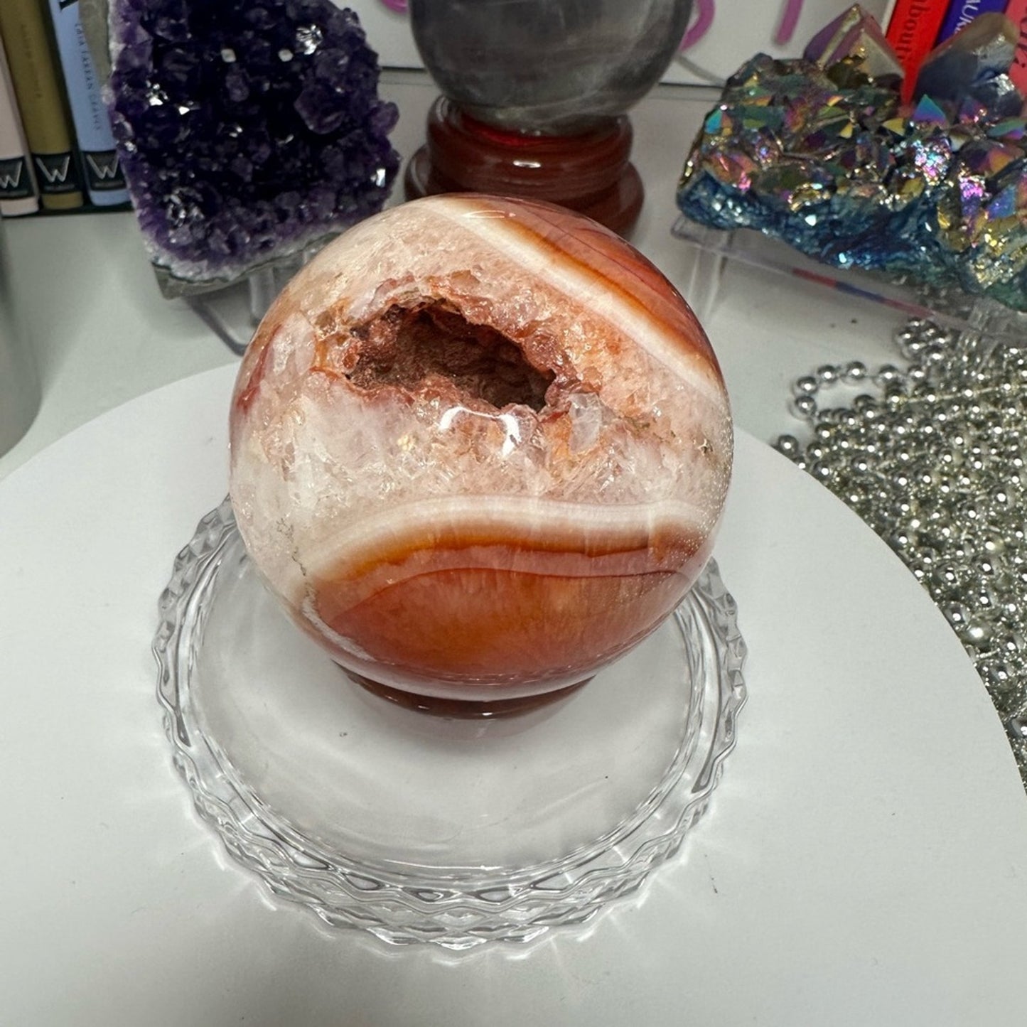 Carnelian Agate Quartz Druzy Sphere 74MM - CNAGATESPDRZ -001
