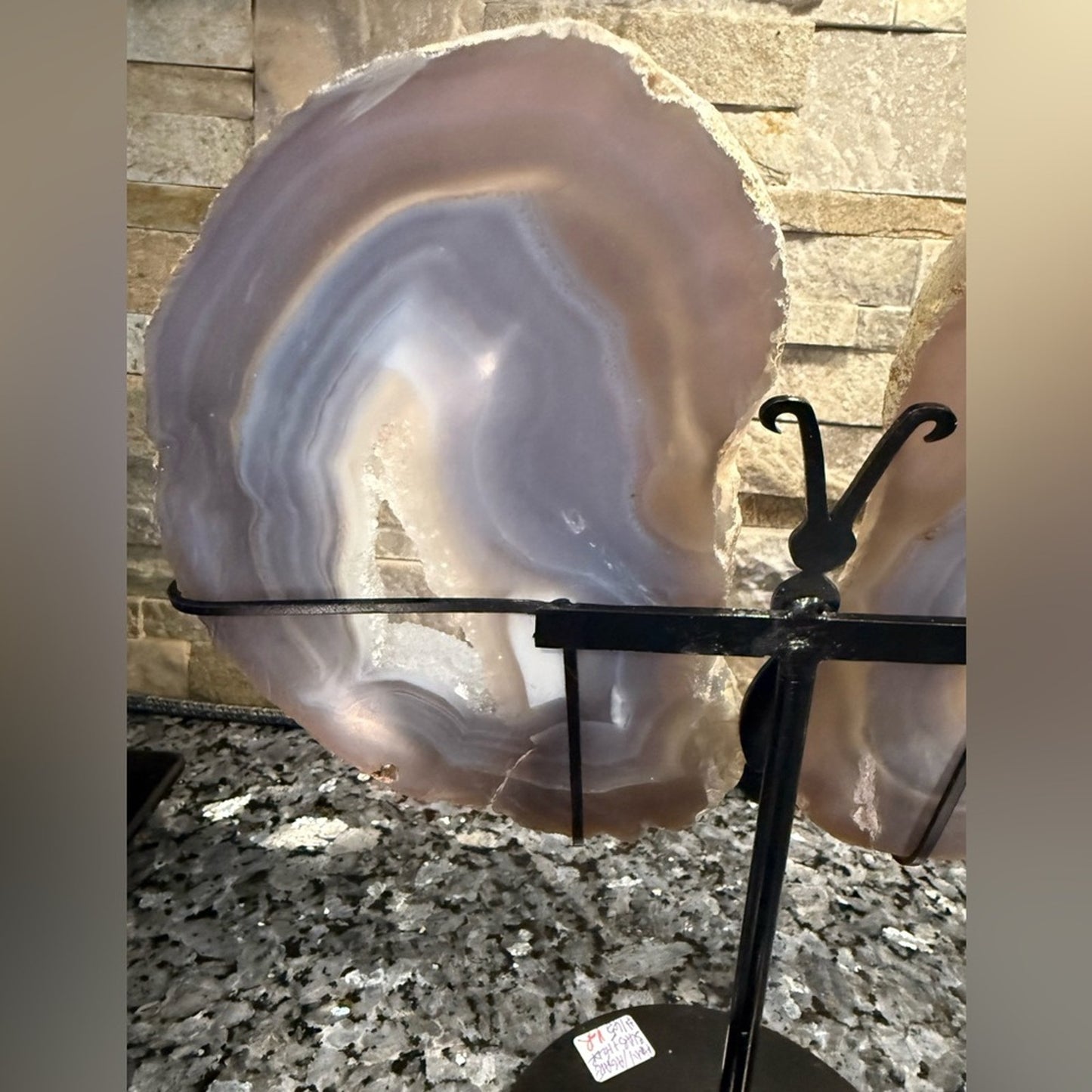 Blue Gray Agate Geode slice Butterfly on Black Stand