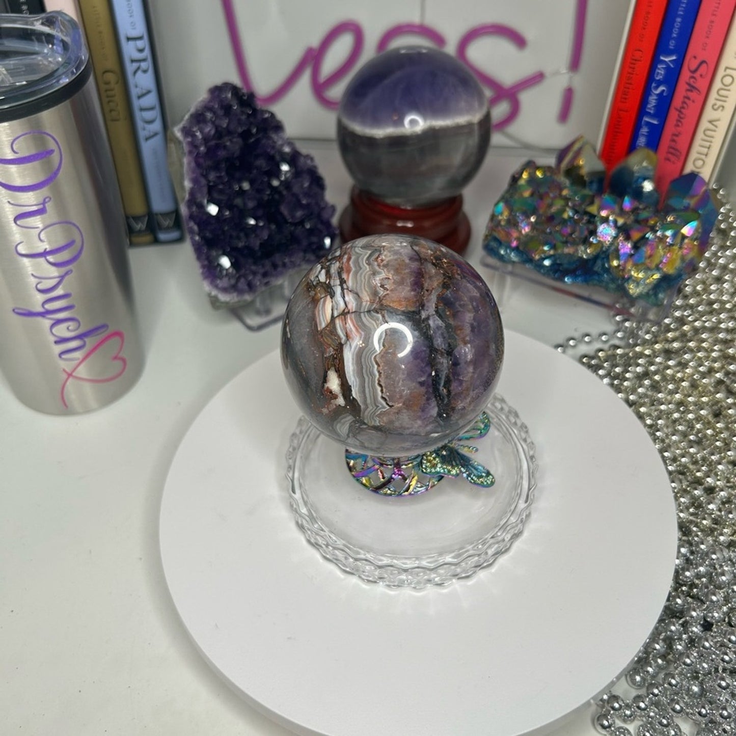 Amethyst and Mexican Lace Agate Large Sphere 81MM - MXAGAMYSPMED