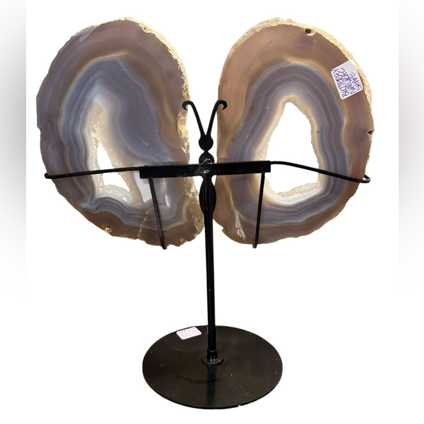 Blue Gray Agate Geode slice Butterfly on Black Stand