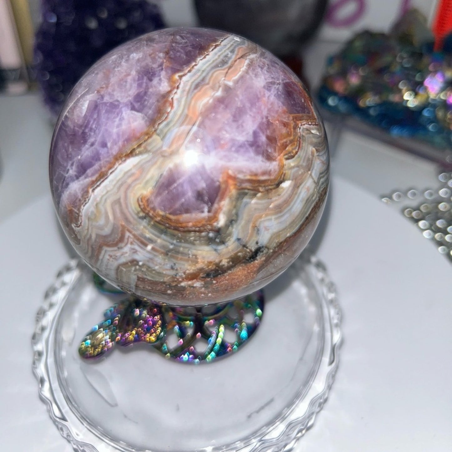 Amethyst and Mexican Lace Agate Sphere 74MM - MXAGAMYSPSML