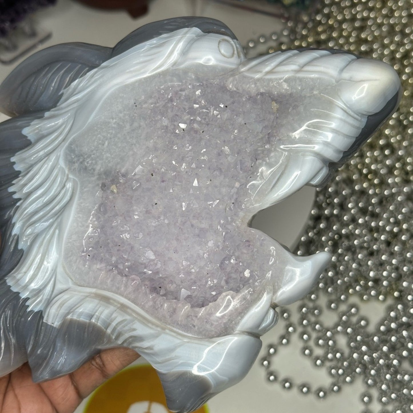 Blue Lace Agate and Amethyst Sugar Wolf Carving - BAAMYWLFCRV-001