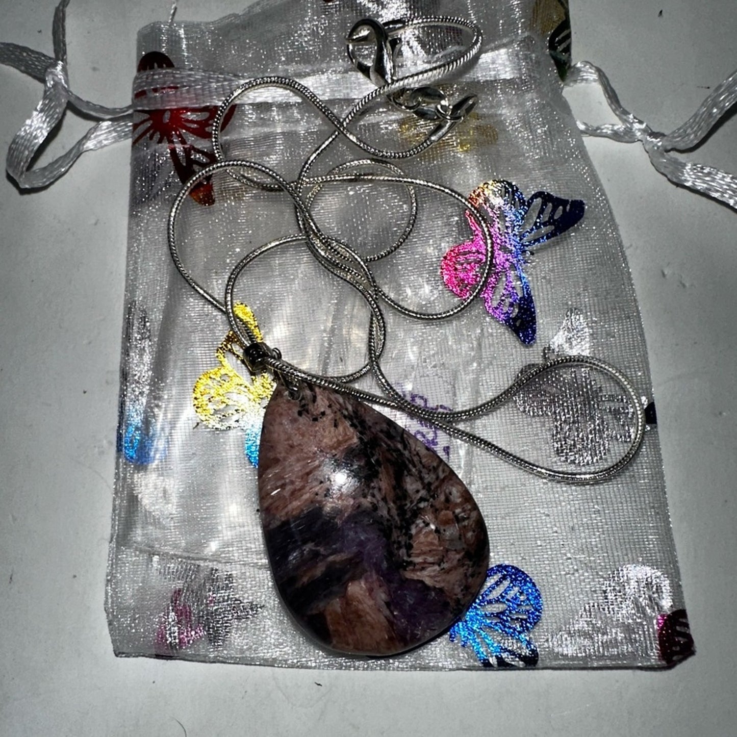 Charoite Teardrop Pendant Natural Stone Sterling Silver 925 Necklace 18”