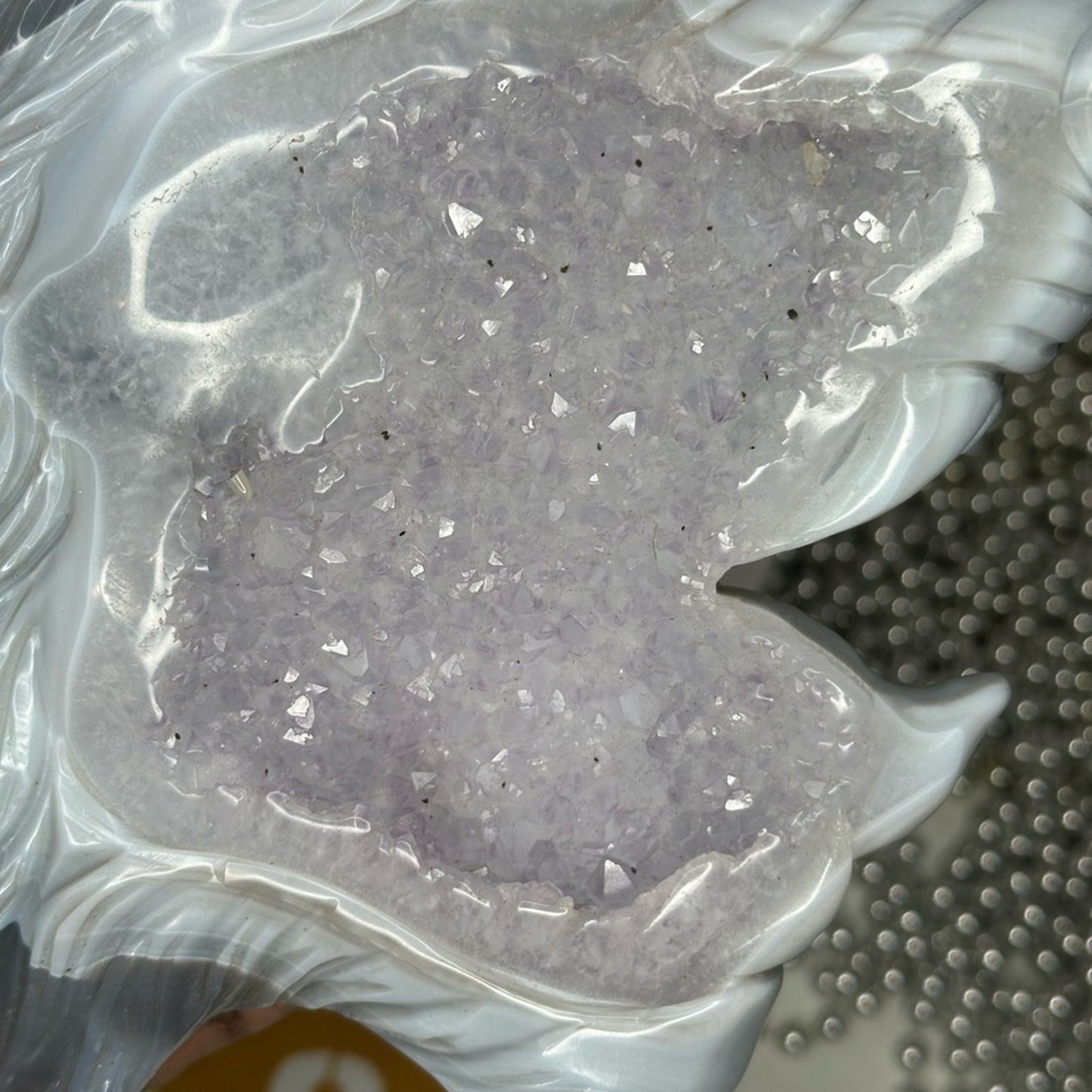 Blue Lace Agate and Amethyst Sugar Wolf Carving - BAAMYWLFCRV-001