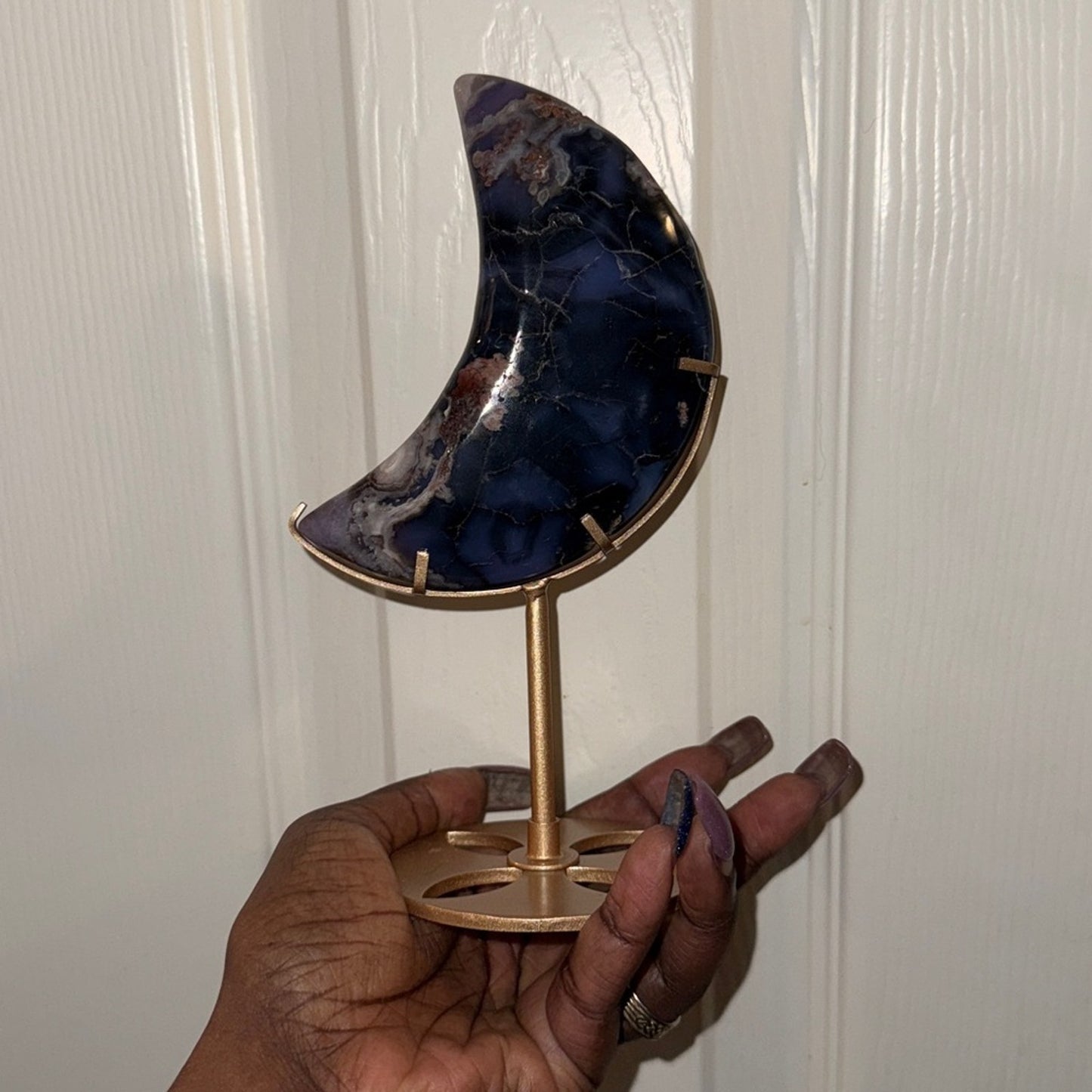 Blue Flower Agate Crescent moon and Stand - BLUEFLWTAGTMOON-001