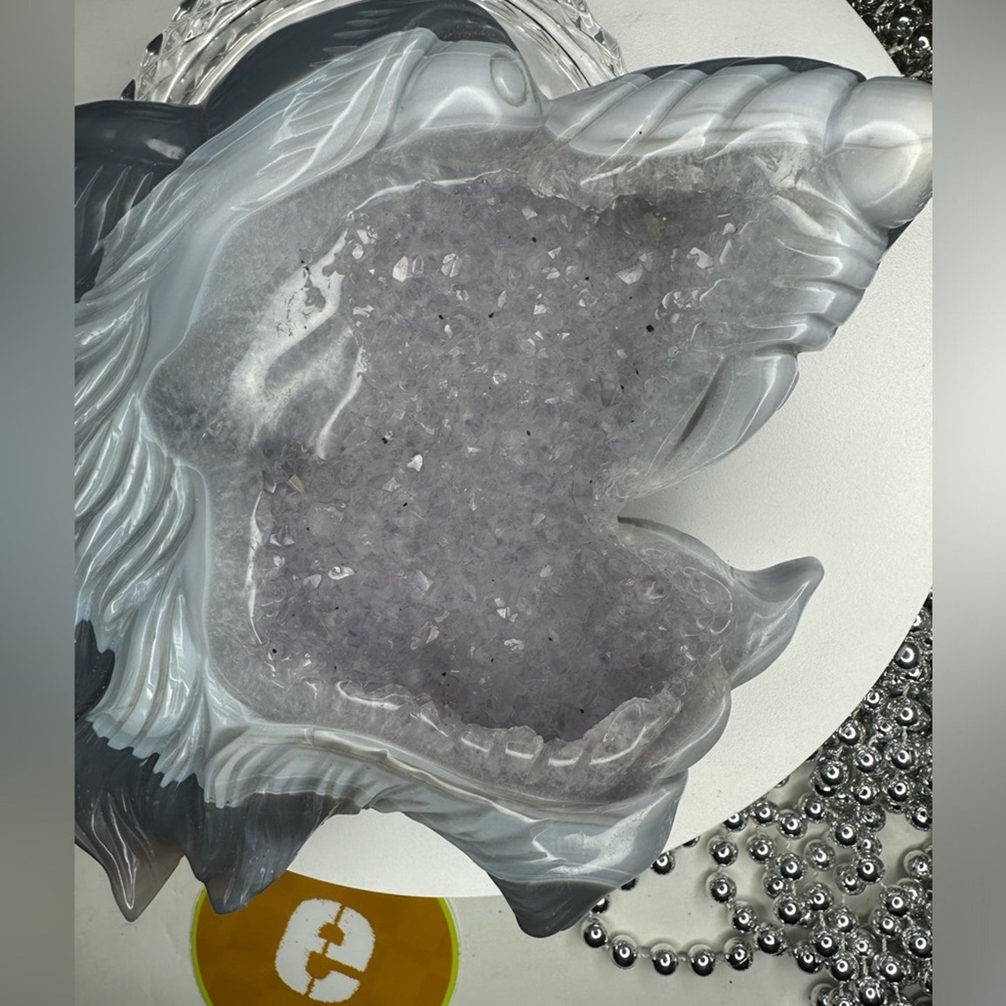 Blue Lace Agate and Amethyst Sugar Wolf Carving - BAAMYWLFCRV-001