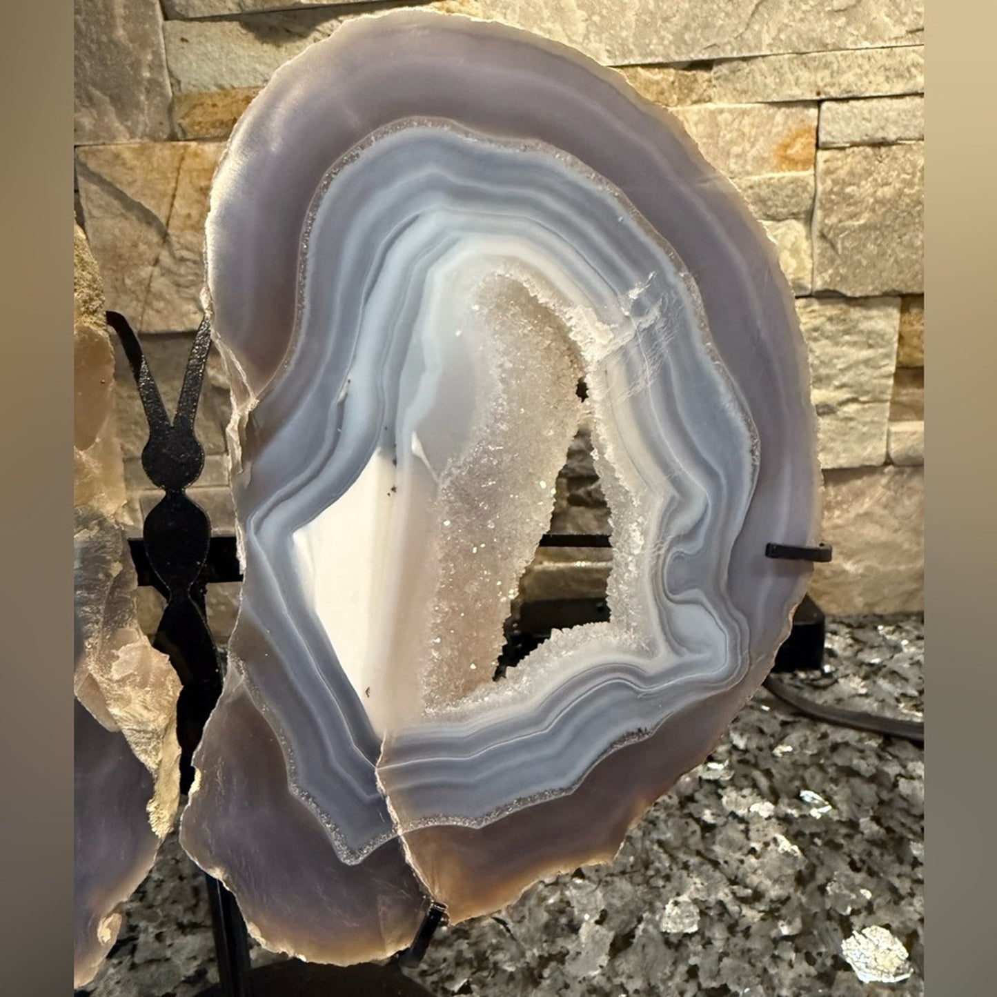 Blue Gray Agate Geode slice Butterfly on Black Stand