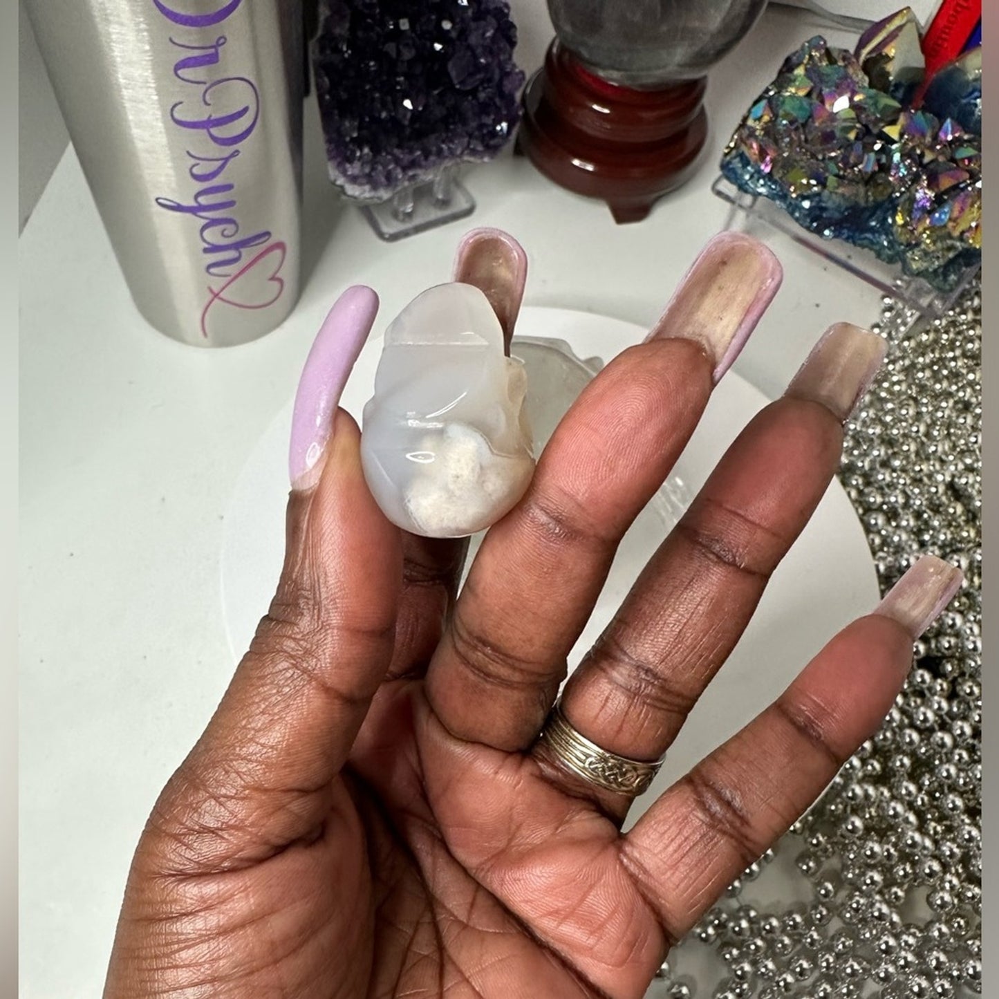 Garden Quartz and Mini Flower Agate Skulls - GQFASKULLS-001