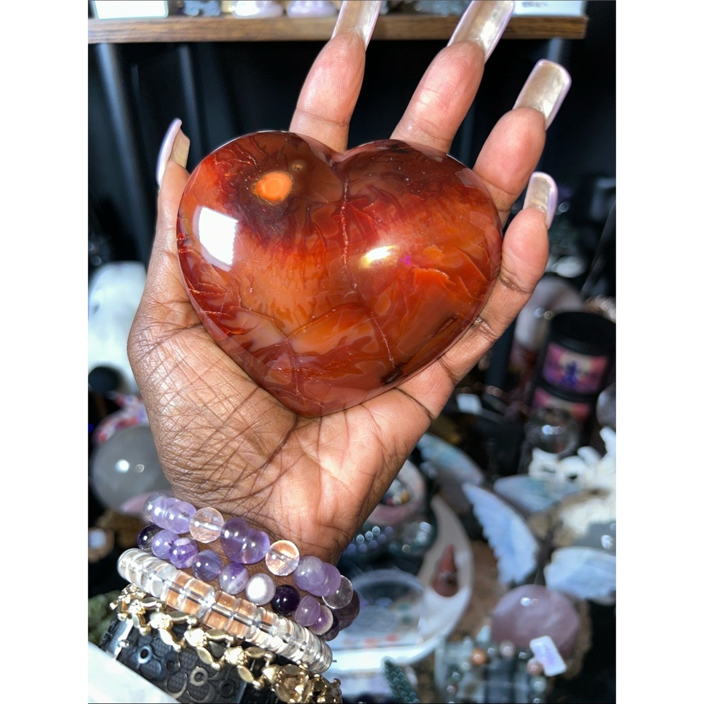 Polished Carnelian Agate Heart Gemstone w/Metal Stand - PRICE VERY FIRM