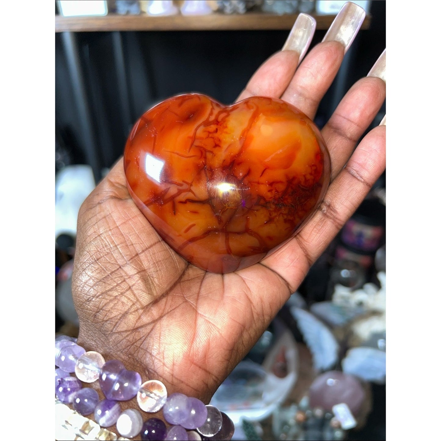 Polished Carnelian Agate Heart Gemstone Sculpture on Metal Stand - PRICE FIRM