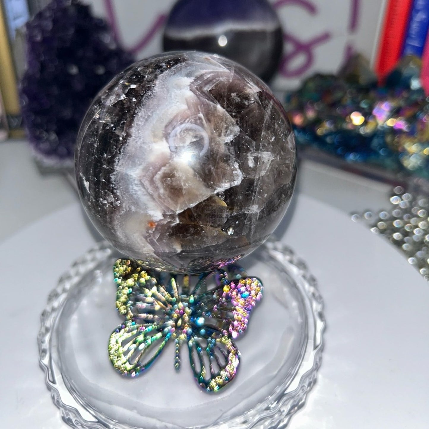 Dream Chevron Amethyst and Quartz Sphere 69-71MM CHAMYSPH-002