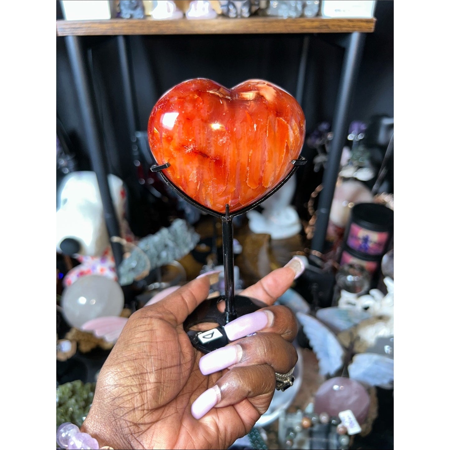 Polished Carnelian Agate Heart Gemstone Sculpture on Metal Stand - PRICE FIRM