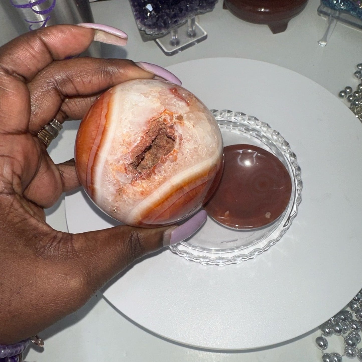 Carnelian Agate Quartz Druzy Sphere 74MM - CNAGATESPDRZ -001