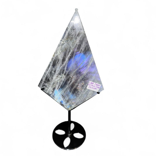 Natural Labradorite Stone Diamond on black metal stand!