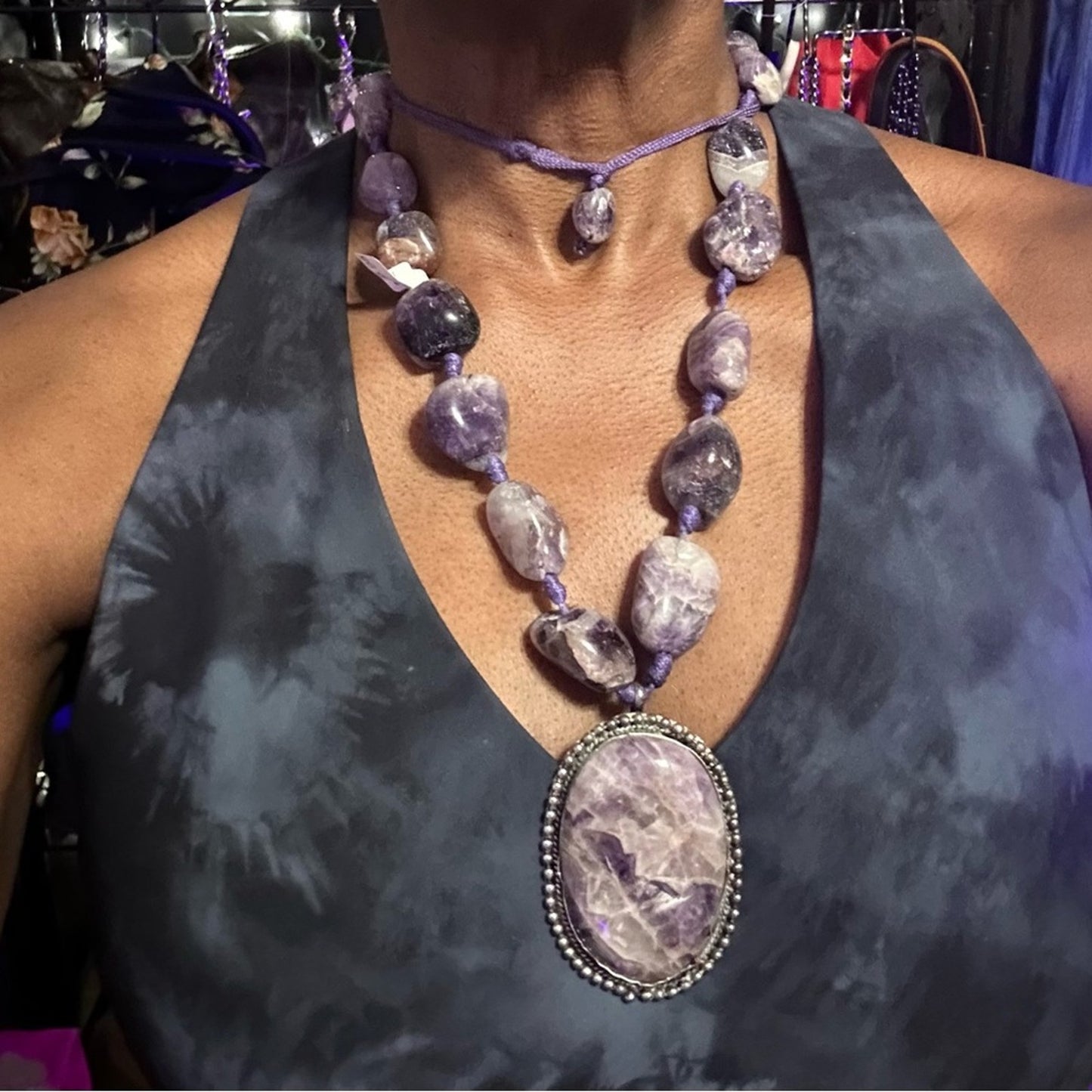 Chevron Amethyst Tumbled Stone Necklace