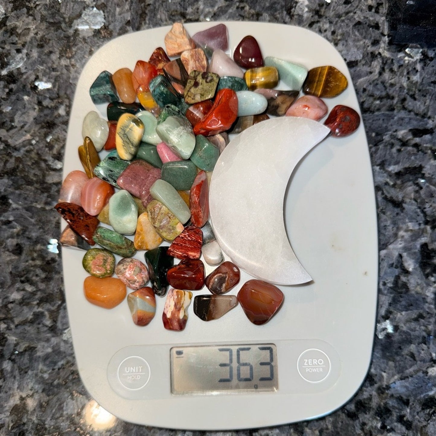 Crystal Tumble Set & Moon Selenite Charging Plate Bundle Set & Bag