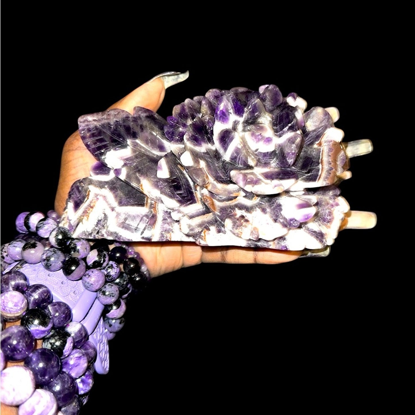 Dream Chevron Amethyst Lotus Flower Carving  6” x 3.25” CHAMYLOTUS-001