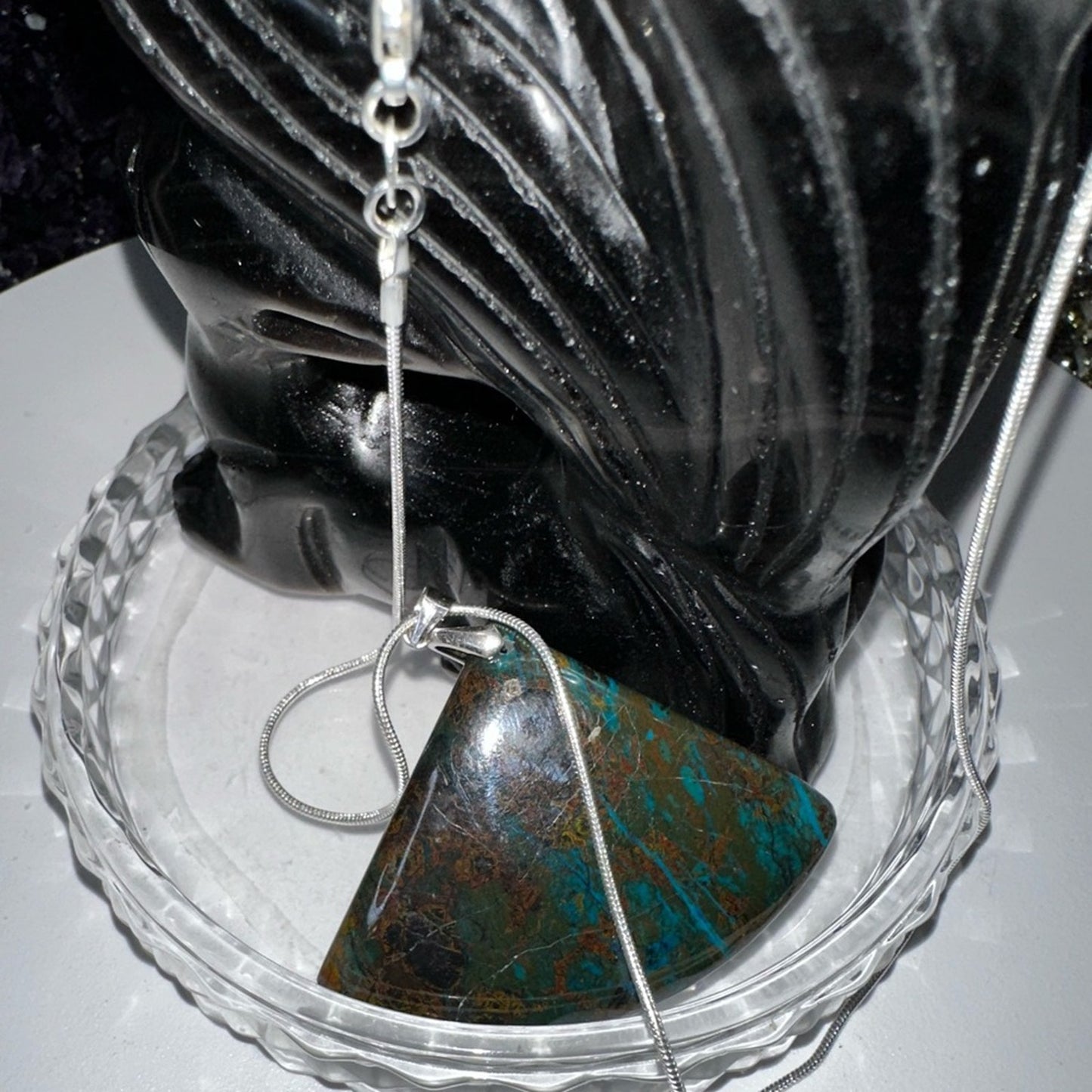 Azurite Fan Pendant Natural Stone Sterling Silver 925 Necklace 18”