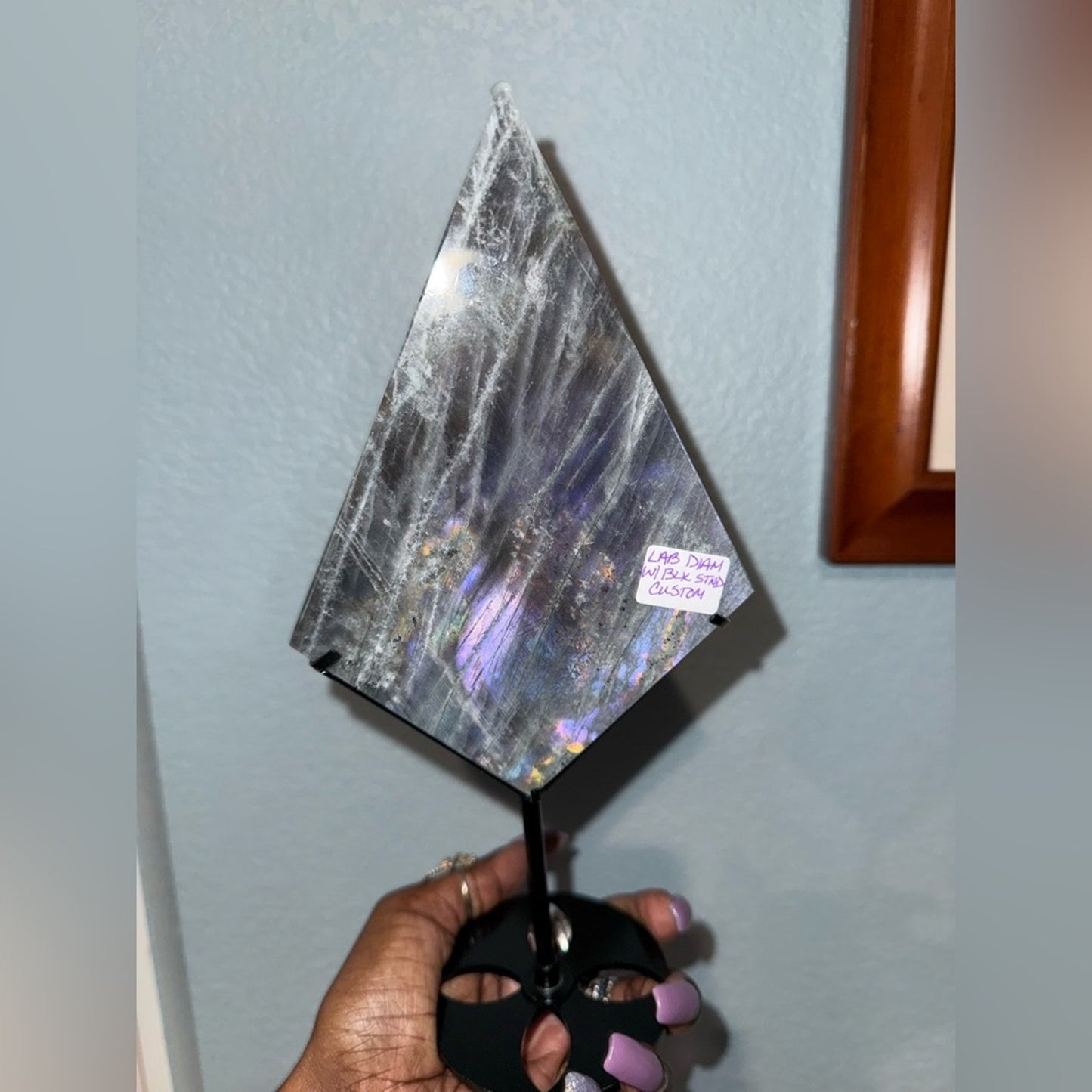 Natural Labradorite Stone Diamond on black metal stand!