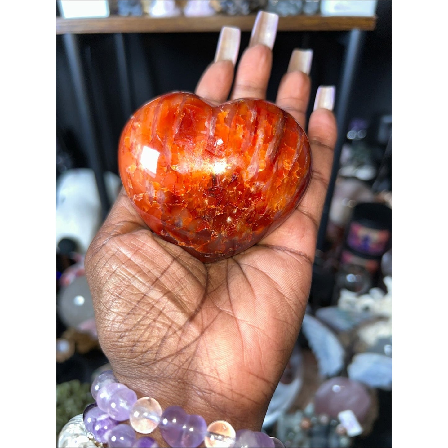 Polished Carnelian Agate Heart Gemstone Sculpture on Metal Stand - PRICE FIRM