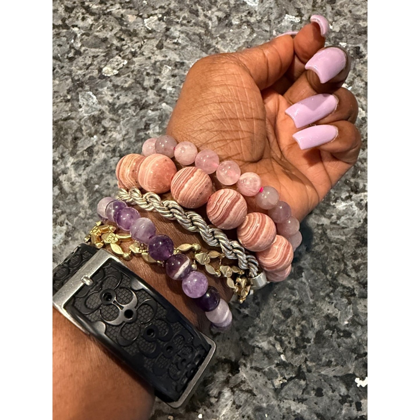 Pink and Purple Amethyst & Rose Quartz Beaded Stretch Bracelet PRICE FOR ONE