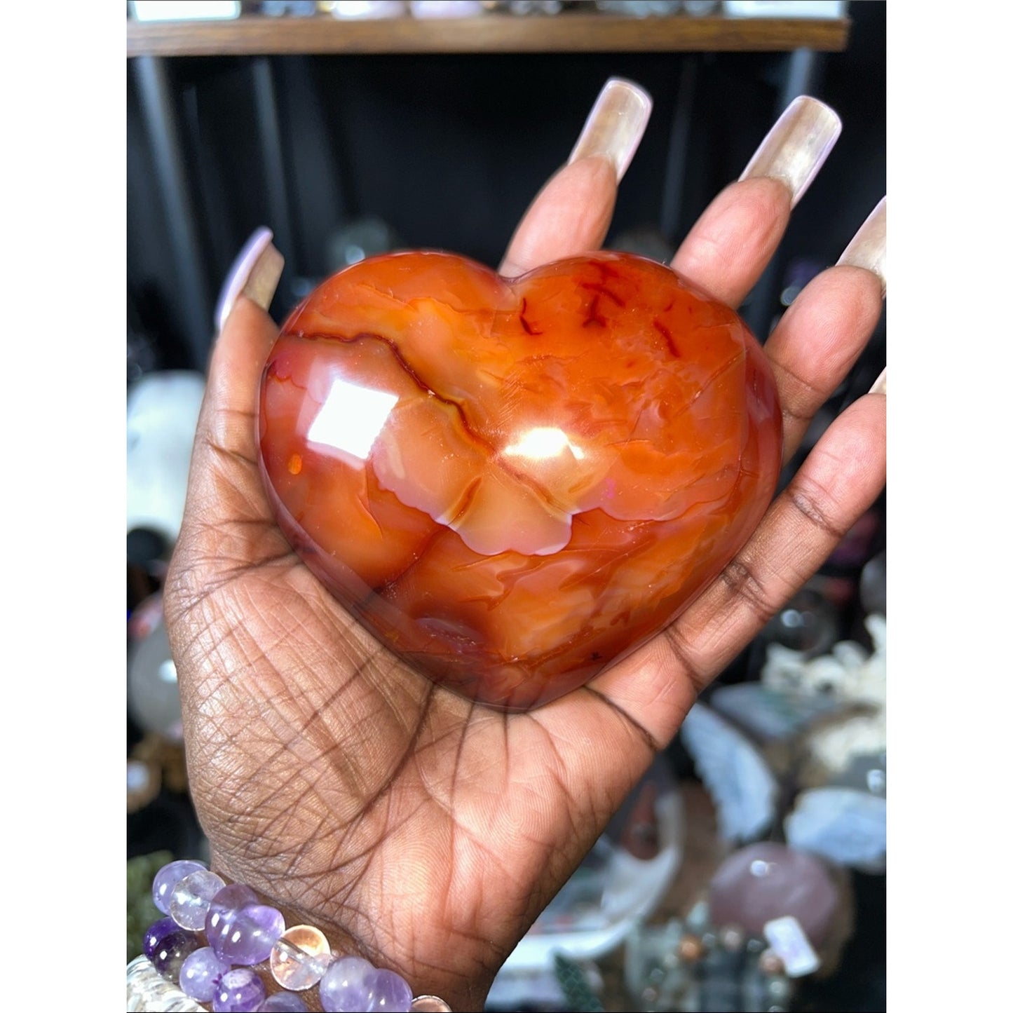 Polished Carnelian Agate Heart Gemstone w/Metal Stand - PRICE VERY FIRM
