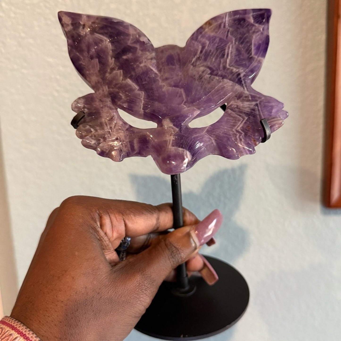 Dream Amethyst Fox Mask on black stand FREE SHIPPING