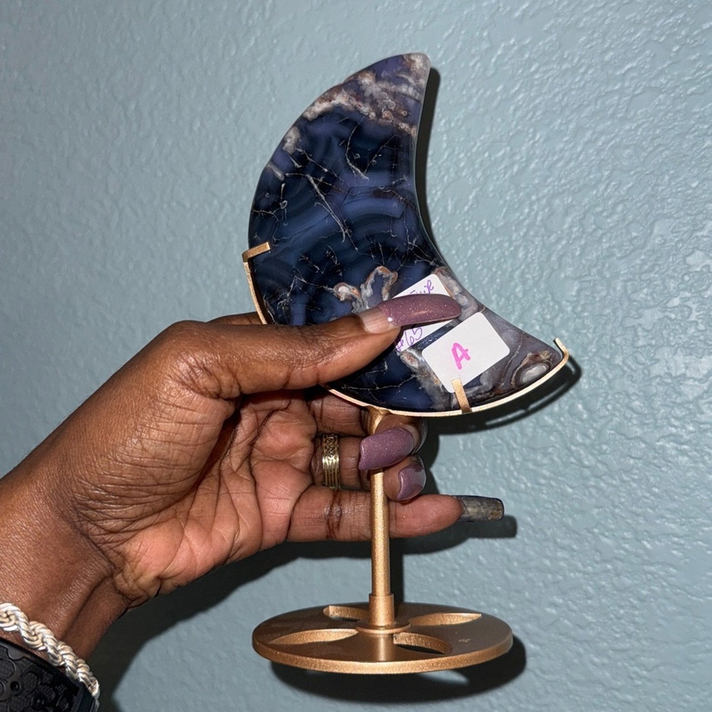 Blue Flower Agate Crescent moon and Stand - BLUEFLWTAGTMOON-001