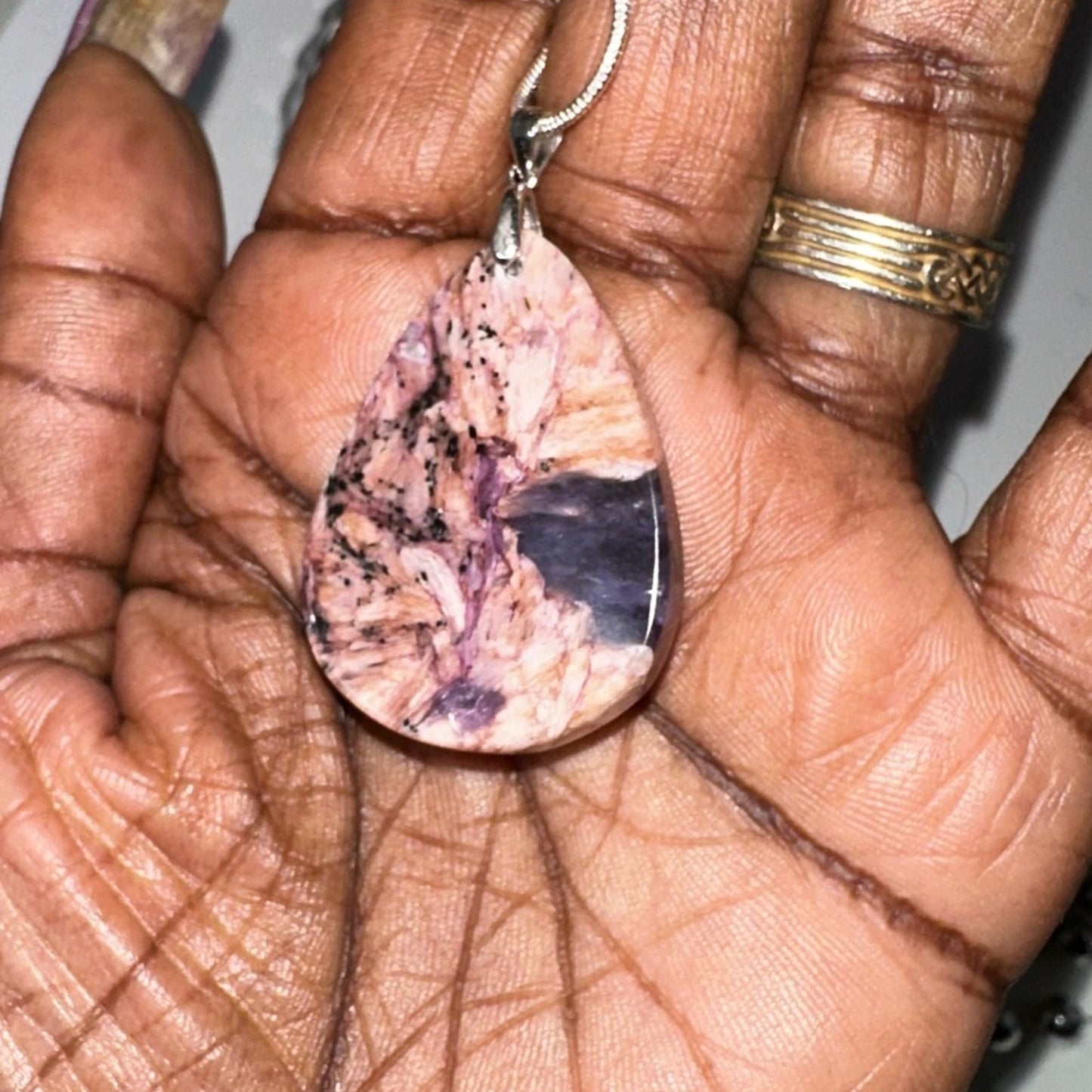 Charoite Teardrop Pendant Natural Stone Sterling Silver 925 Necklace 18”