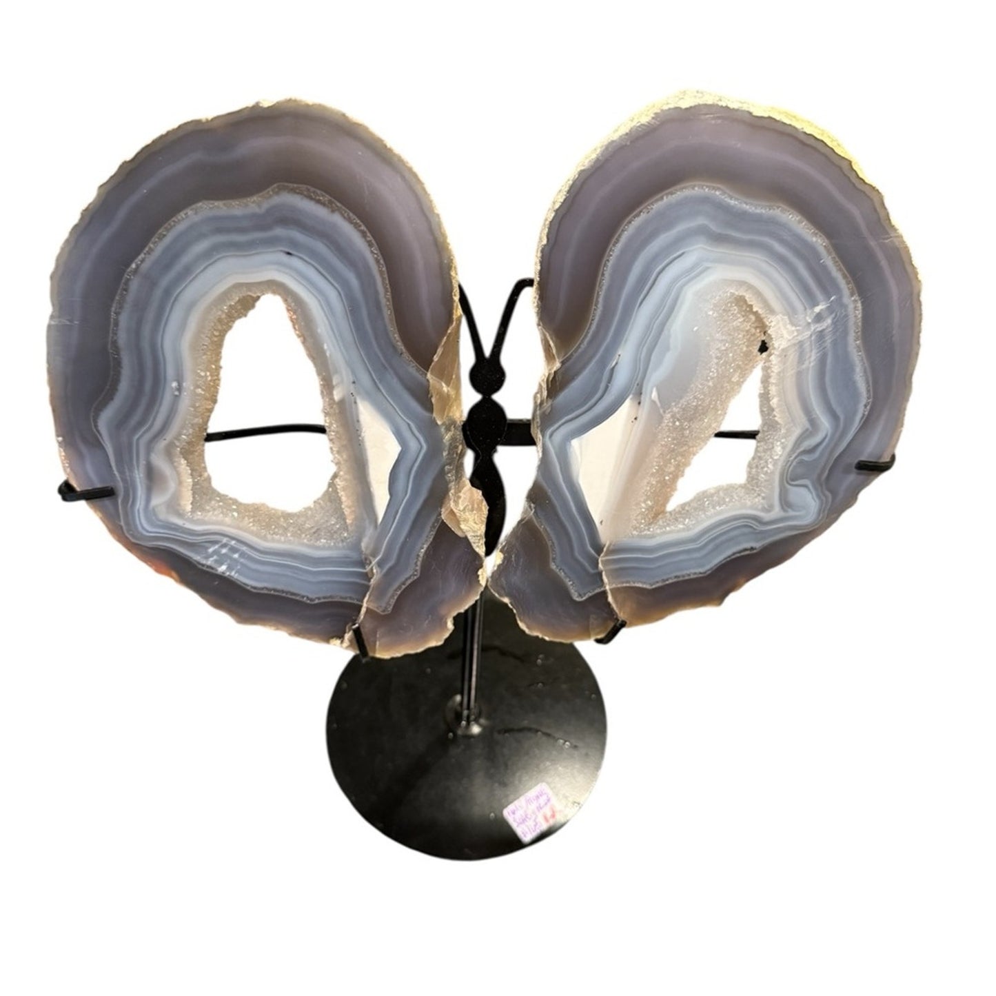 Blue Gray Agate Geode slice Butterfly on Black Stand