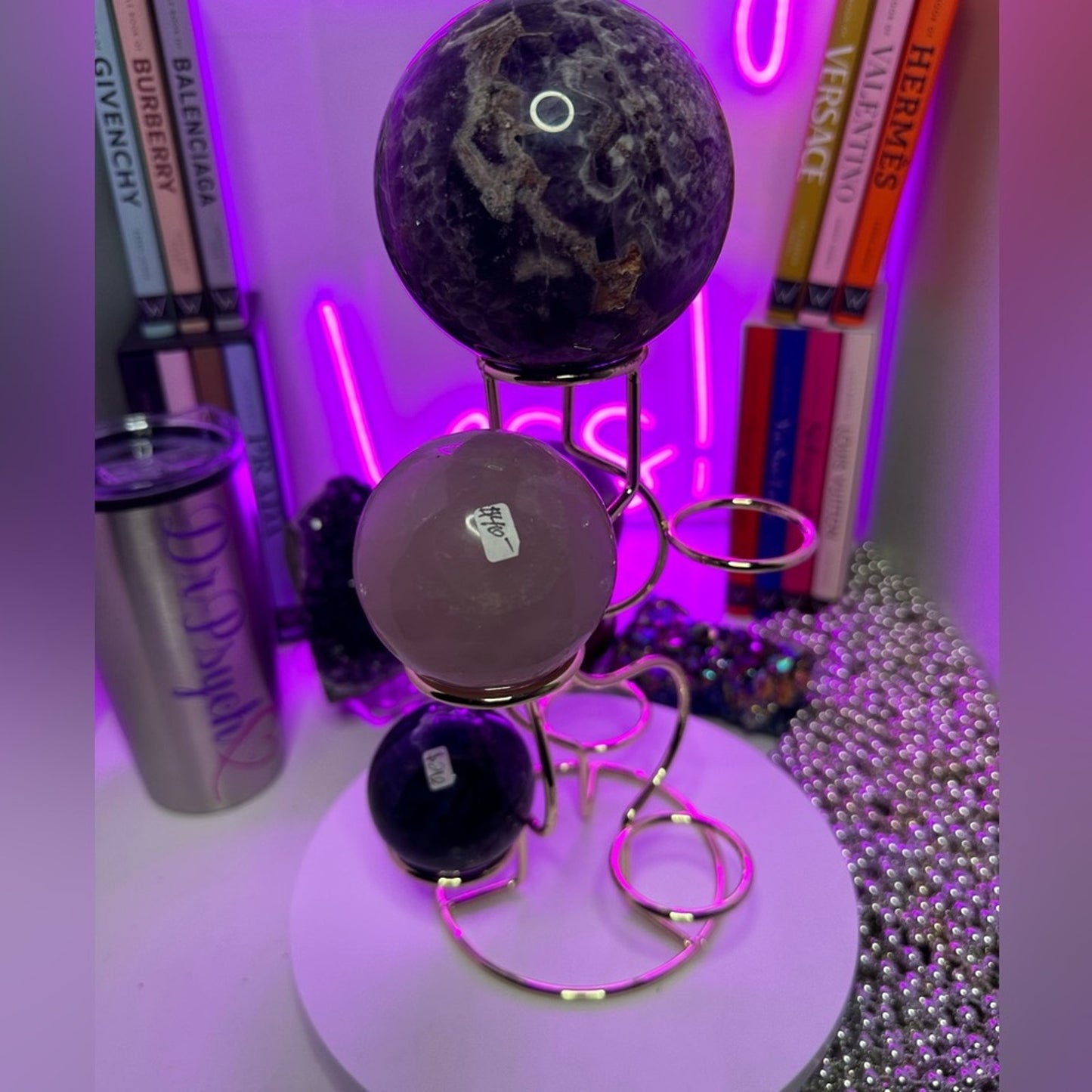 Gold color Multi-Sphere Tower Holder Crystals Rocks Precious Gem Sphere Holder