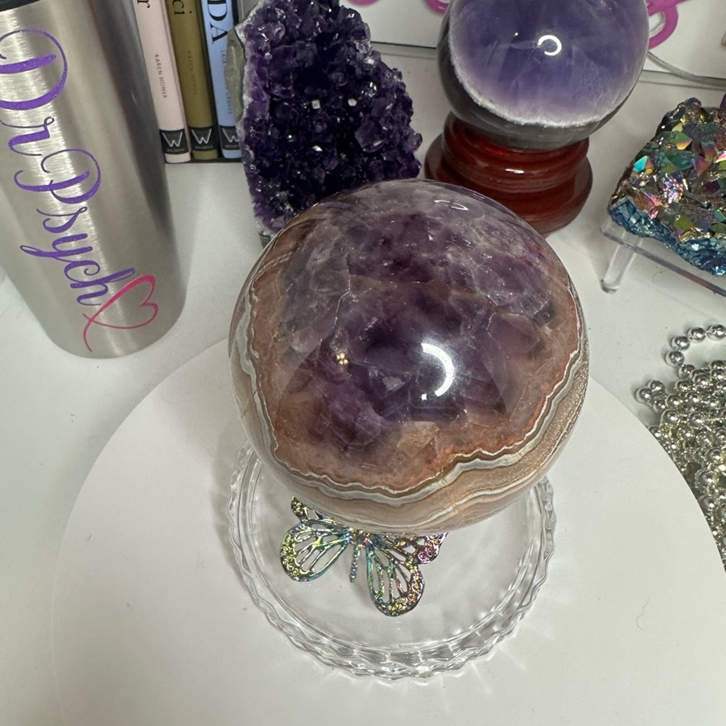 Amethyst and Mexican Lace Agate Sphere - Large 81MM MXAGAMYSPHLRG