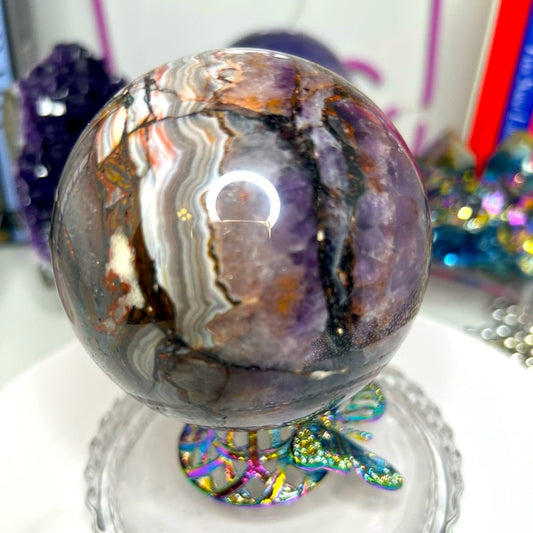 Amethyst and Mexican Lace Agate Large Sphere 81MM - MXAGAMYSPMED