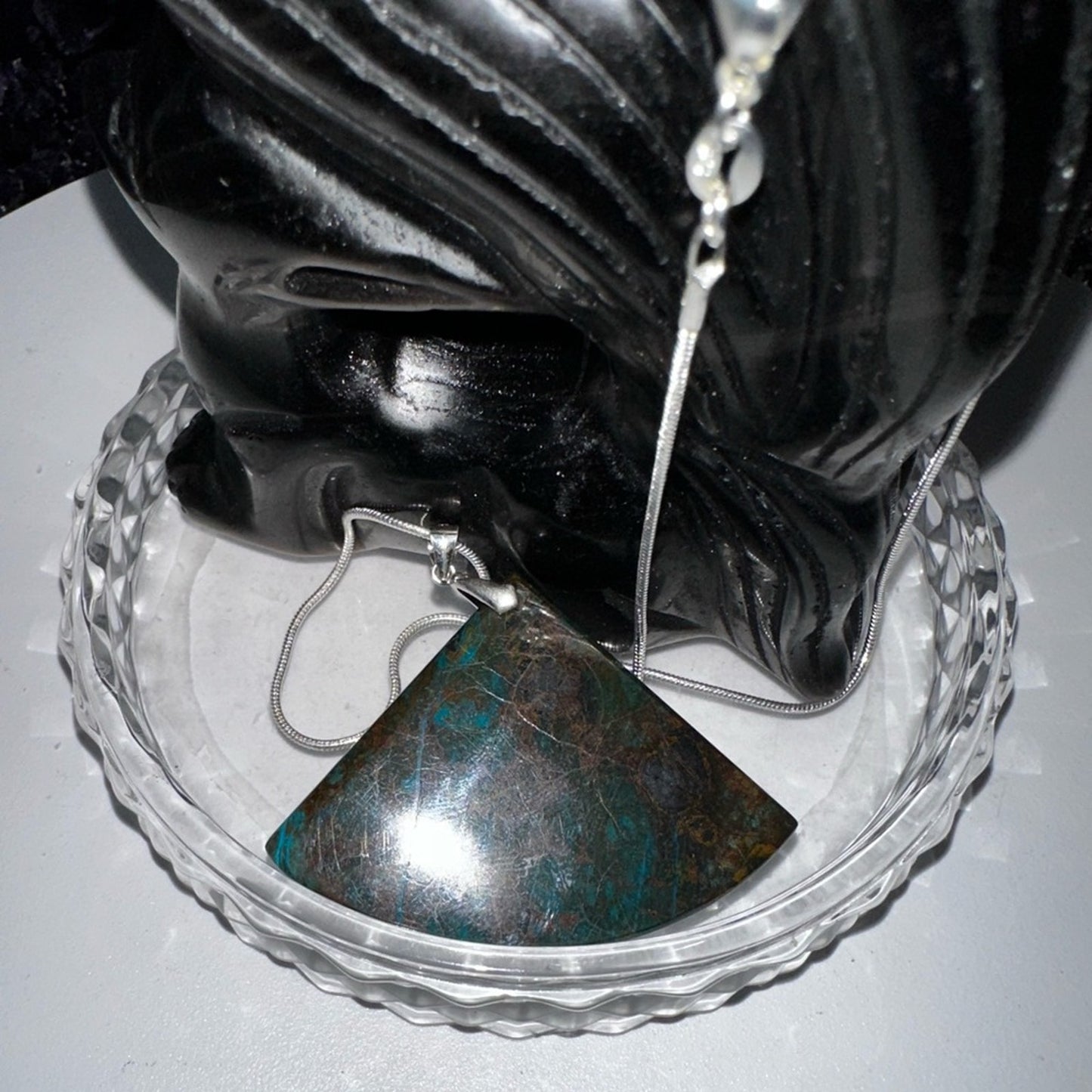 Azurite Fan Pendant Natural Stone Sterling Silver 925 Necklace 18”