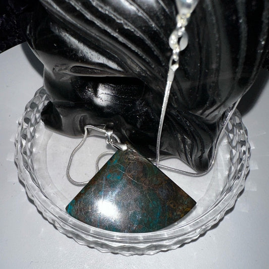 Azurite Fan Pendant Natural Stone Sterling Silver 925 Necklace 18”