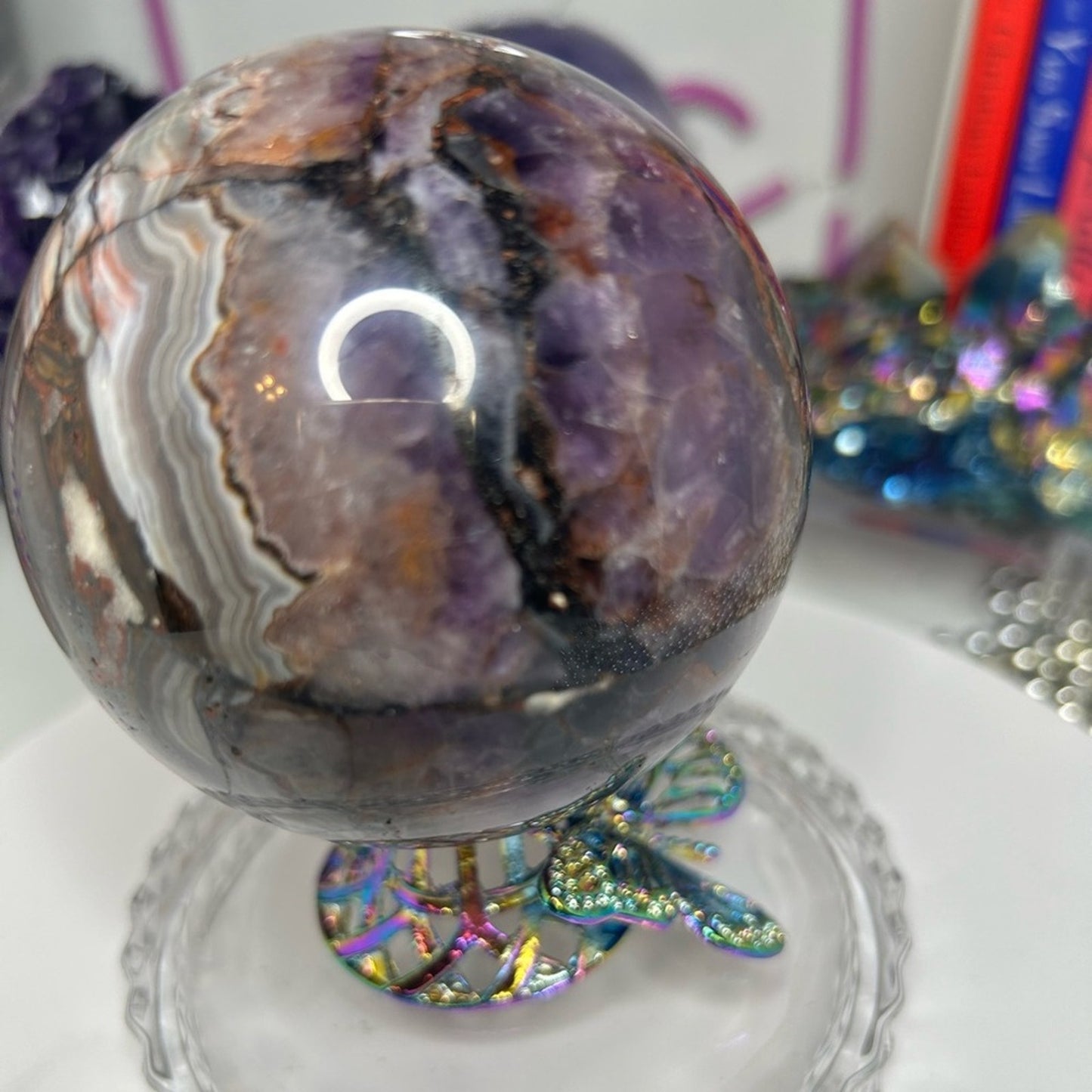 Amethyst and Mexican Lace Agate Large Sphere 81MM - MXAGAMYSPMED