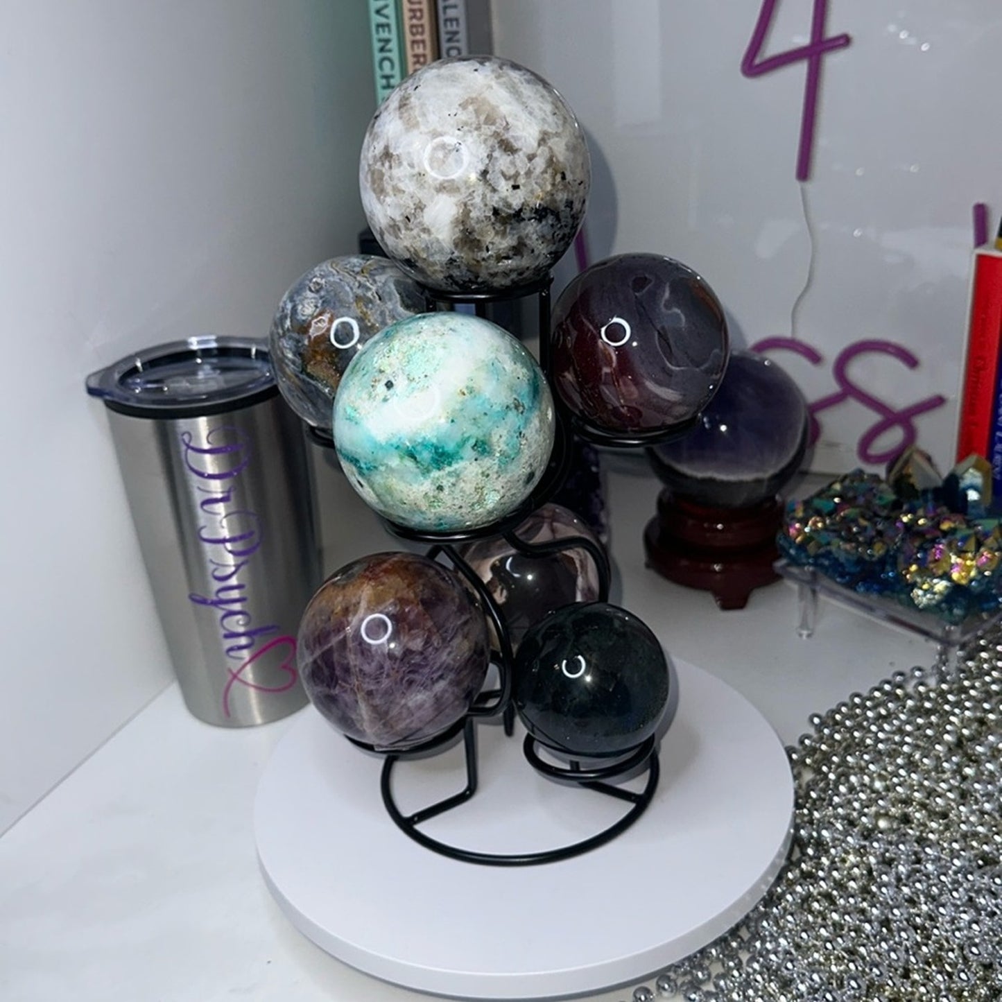 Black Multi-Sphere Tower Holder Crystals Rocks Precious Gem Spheres