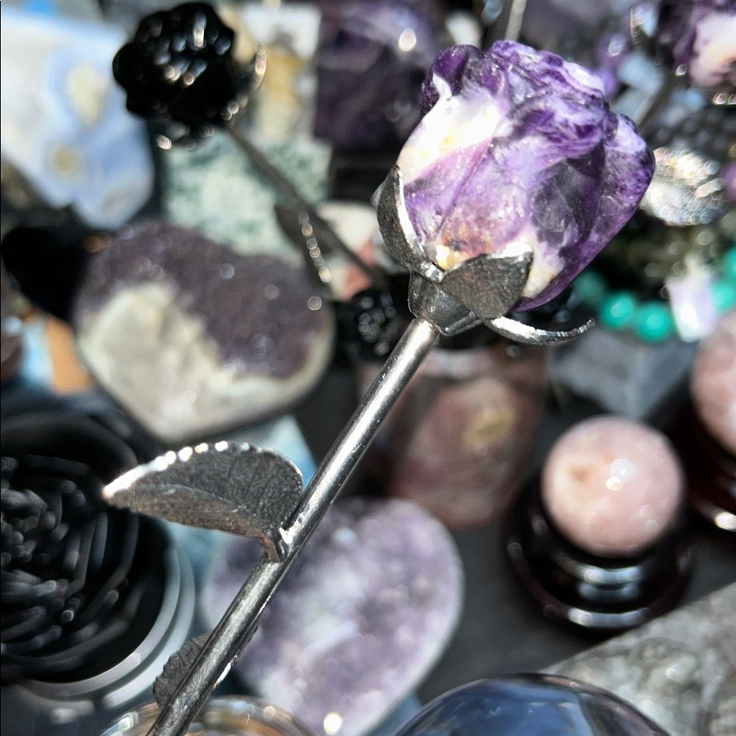 Fluorite root or Obsidian Rose Carvings w/Silver Stainless stem - Price for 1 🌹🌹