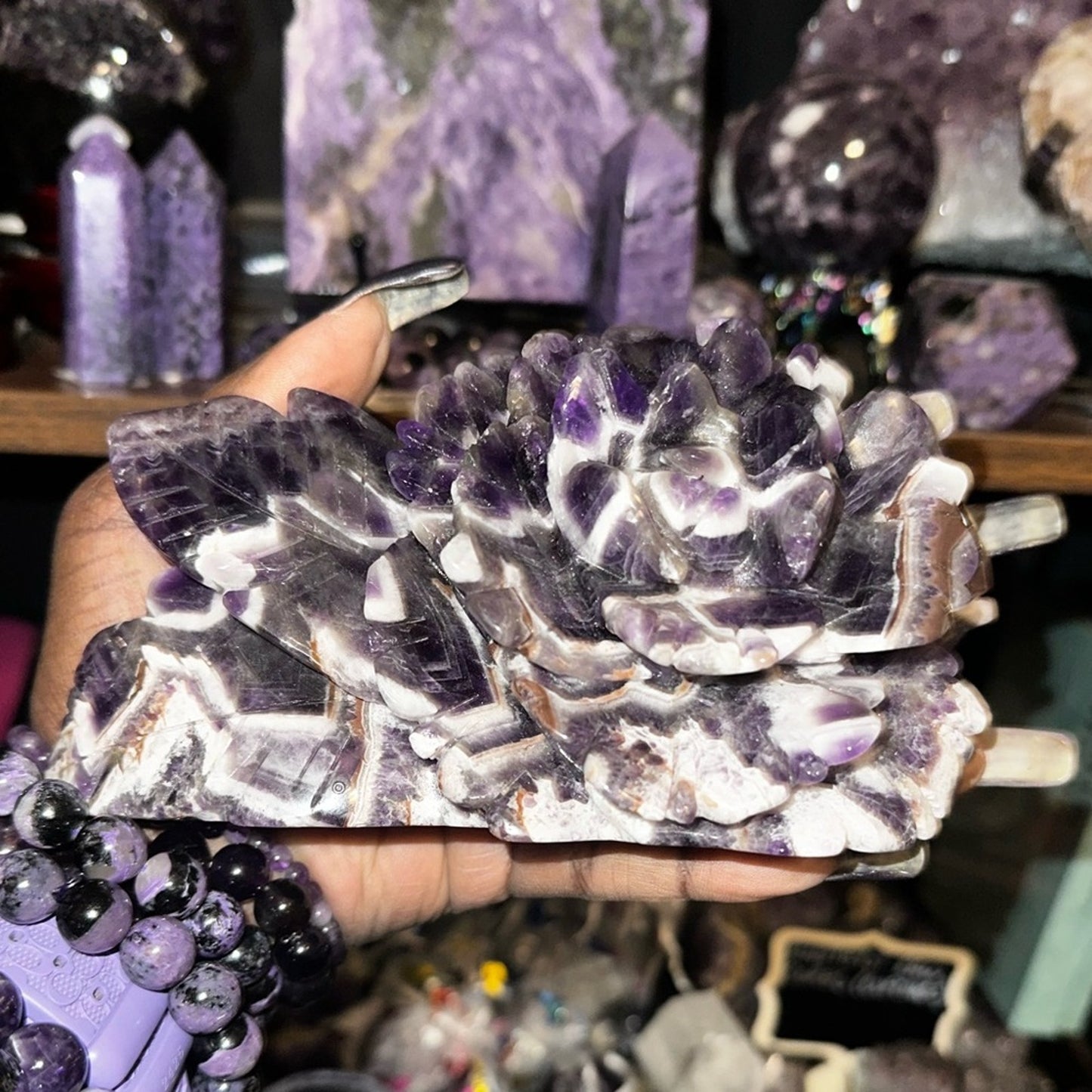 Dream Chevron Amethyst Lotus Flower Carving  6” x 3.25” CHAMYLOTUS-001