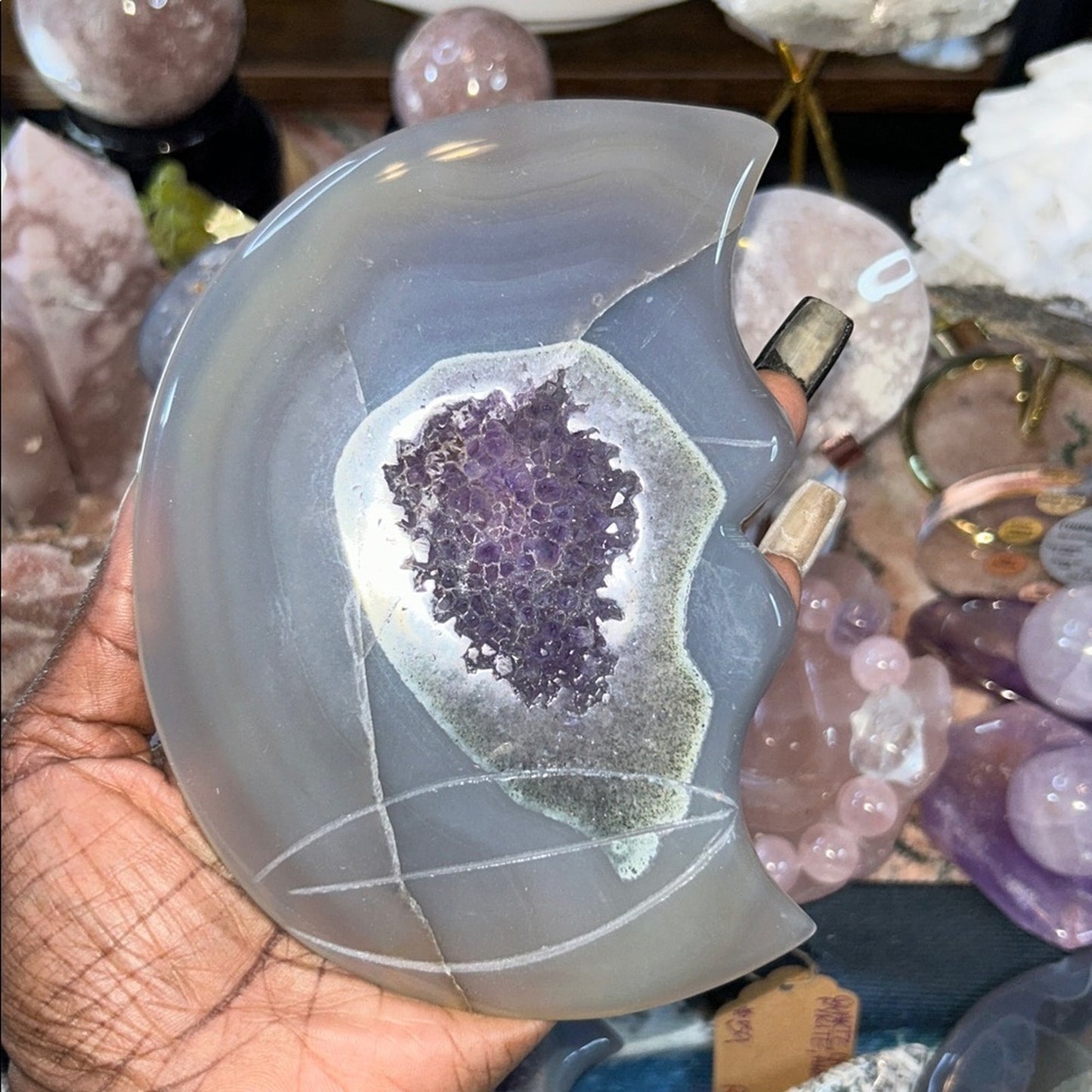 Amethyst, Quartz, & Agate Moon Custom carving AMAGTMOON-SML