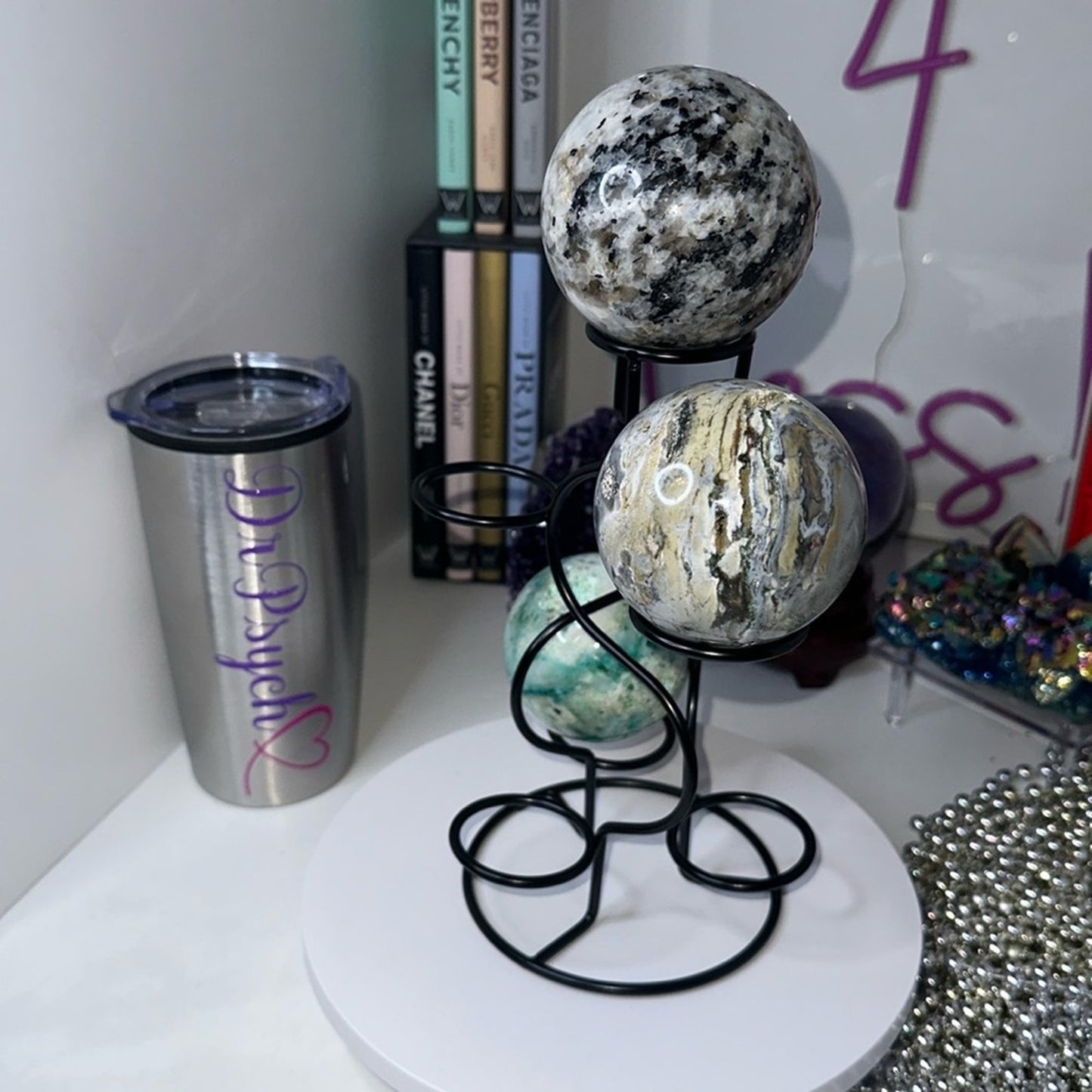 Black Multi-Sphere Tower Holder Crystals Rocks Precious Gem Spheres