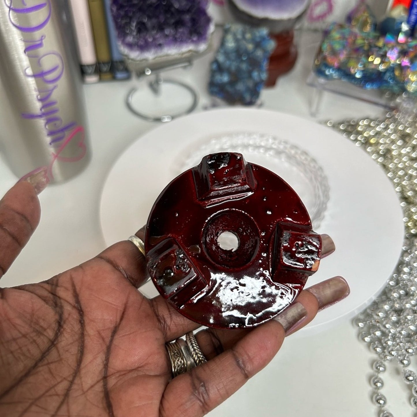 Wood - Crystals Rocks Precious Gem Sphere Holder Stand - Mahogany Cherry Color