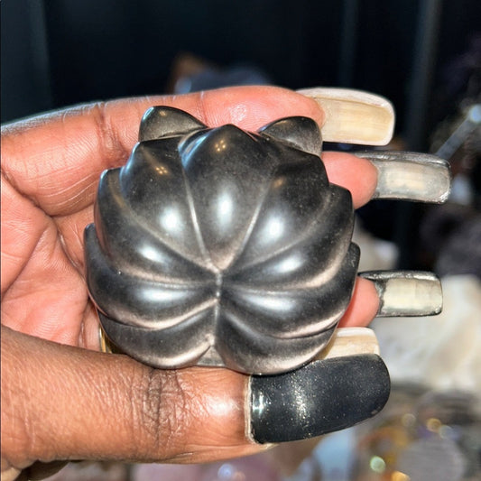 Adorable and Legendary 9-tail Fox in Silver Sheen Obsidian carving