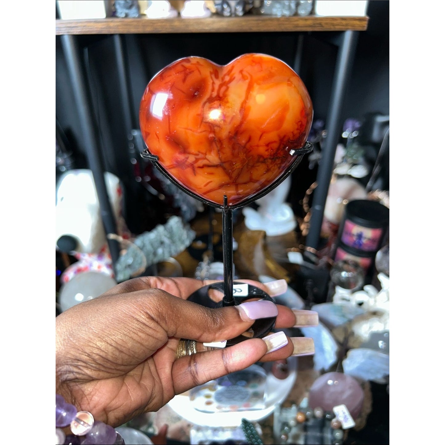 Polished Carnelian Agate Heart Gemstone Sculpture on Metal Stand - PRICE FIRM